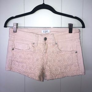 light pink floral crochet denim shorts